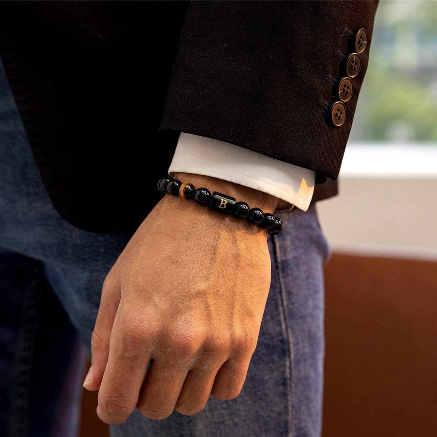 FRG Initials Bracelets for Men Letter Link Handmade Natural Black Onyx Tiger Eye Stone Beads Braided Rope Meaningful Bracelet