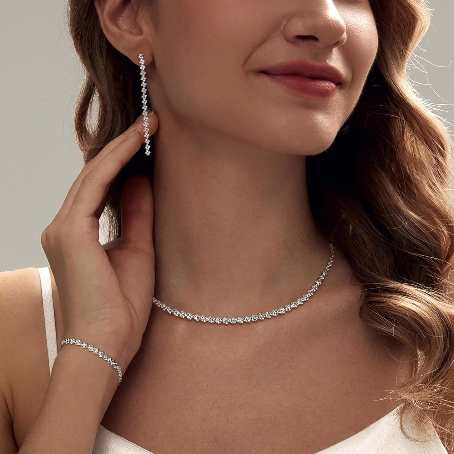 Tennis Necklace Bracelet for Women, Sterling Sliver, Dainty Chocker Necklace, Crystal Bracelet for Women, Wedding Jewelry for Bride, Sparkly Party Prom Hypoallergenic