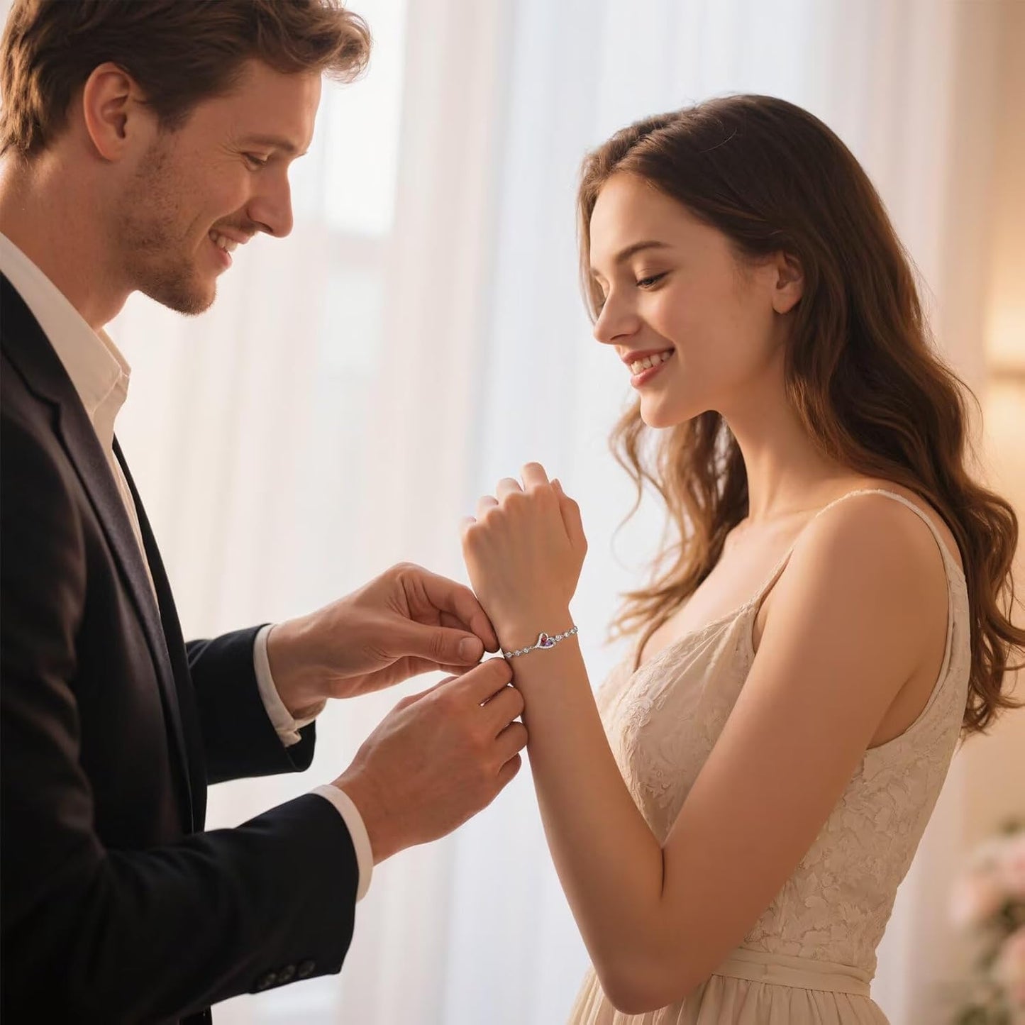 Iefil Christmas Gifts for Women - Birthstone Bracelet for Women, 925 Sterling Silver Rose Heart Charm Bracelets, Anniversary Birthday Gifts for Women Wife Mom Daughter, 6"+2"