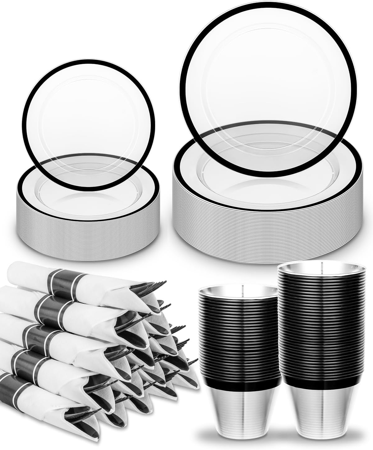 175PCS Plastic Plates for Party, Disposable Clear Black Dinnerware Set for 25 Guests,50 Plastic Plates, 25 Cups, 25 Pre-Rolled Napkins with Cutlery for Party, Thanksgiving, Christmas, Wedding