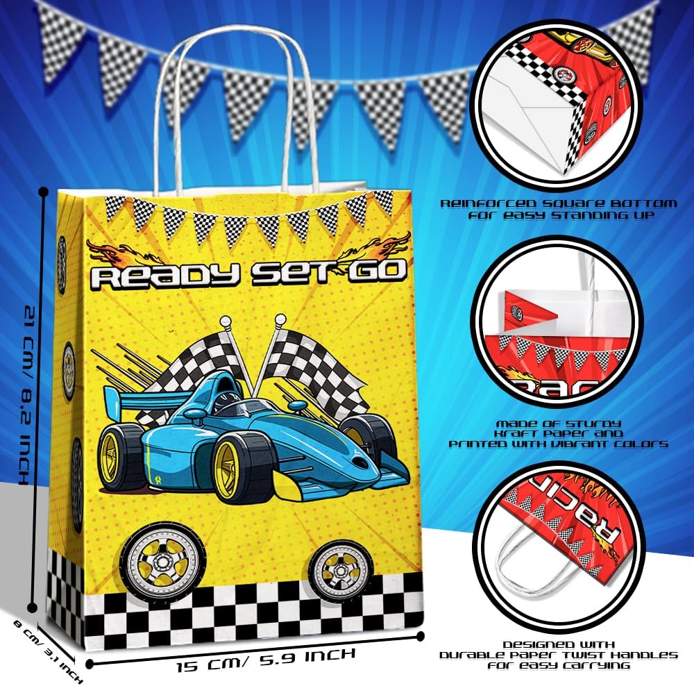 24 Pcs Racing Car Party Favor Bags with Handles - Race Car Goodie Bags Gift Bags. Checkered Two Fast Theme Candy Bags for Kids, Kraft Paper Bags for Birthday Party Supplies Decorations