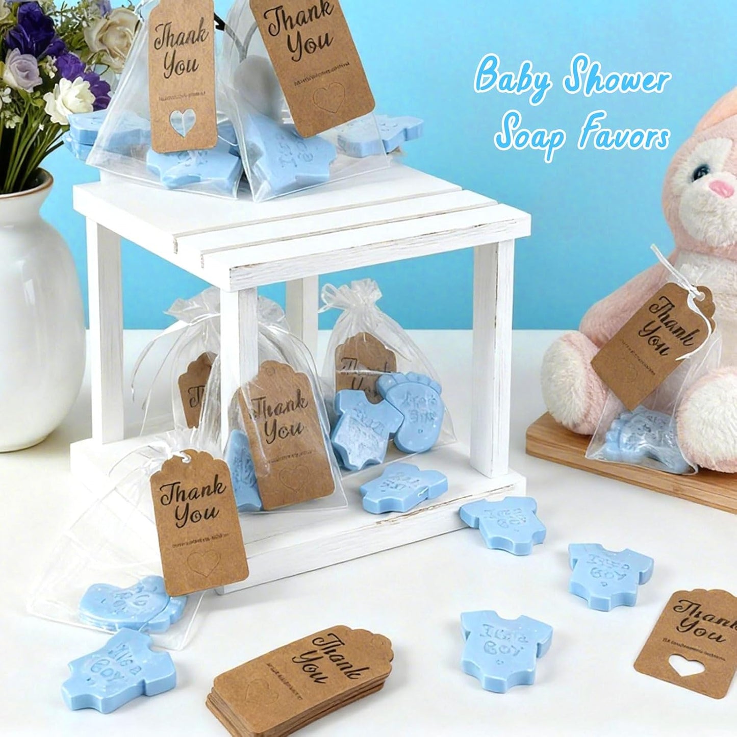 50 Sets Baby Shower Soap Favors Baby Feet&Shirt Handmade Soaps with Thank You Tags and Organza Bags for Guests Gift Shower Party Favors(Blue)
