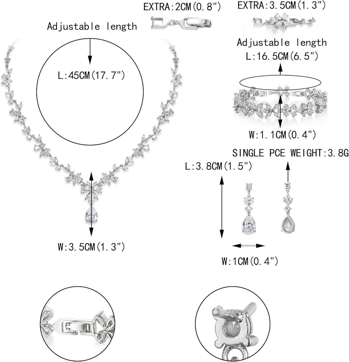 EVER FAITH Bridal Jewelry Set for Bride Bridesmaid, Flower Leaf Teardrop Cubic Zirconia Necklace Dangle Earrings Bracelet Sets Wedding Party for Women