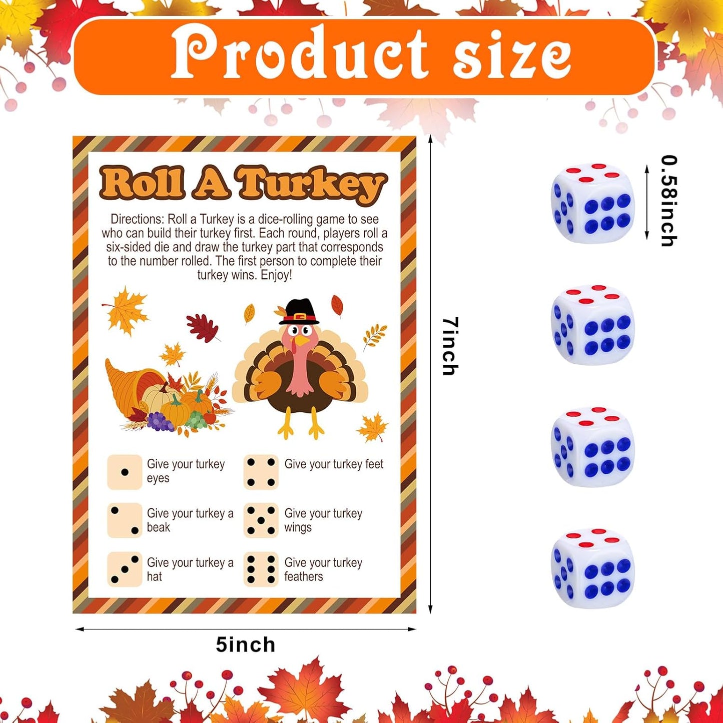 84 Pcs Roll a Turkey Game Thanksgiving Dice Game Include 40 Cards, 40 Turkey Stickers and 4 Dice Thanksgiving Friendsgiving Activities for Family Classroom Harvest Party Supplies