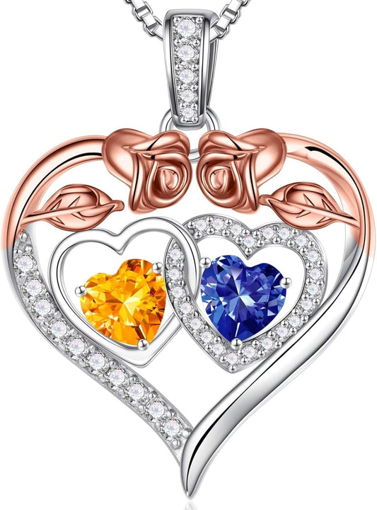 Iefil Double Birthstone Necklace Gifts for Wife Girlfriend Her Women, Birthstone Jewelry Gemstone Valentines Birthday Gifts for Her Women Wife Mom Grandma