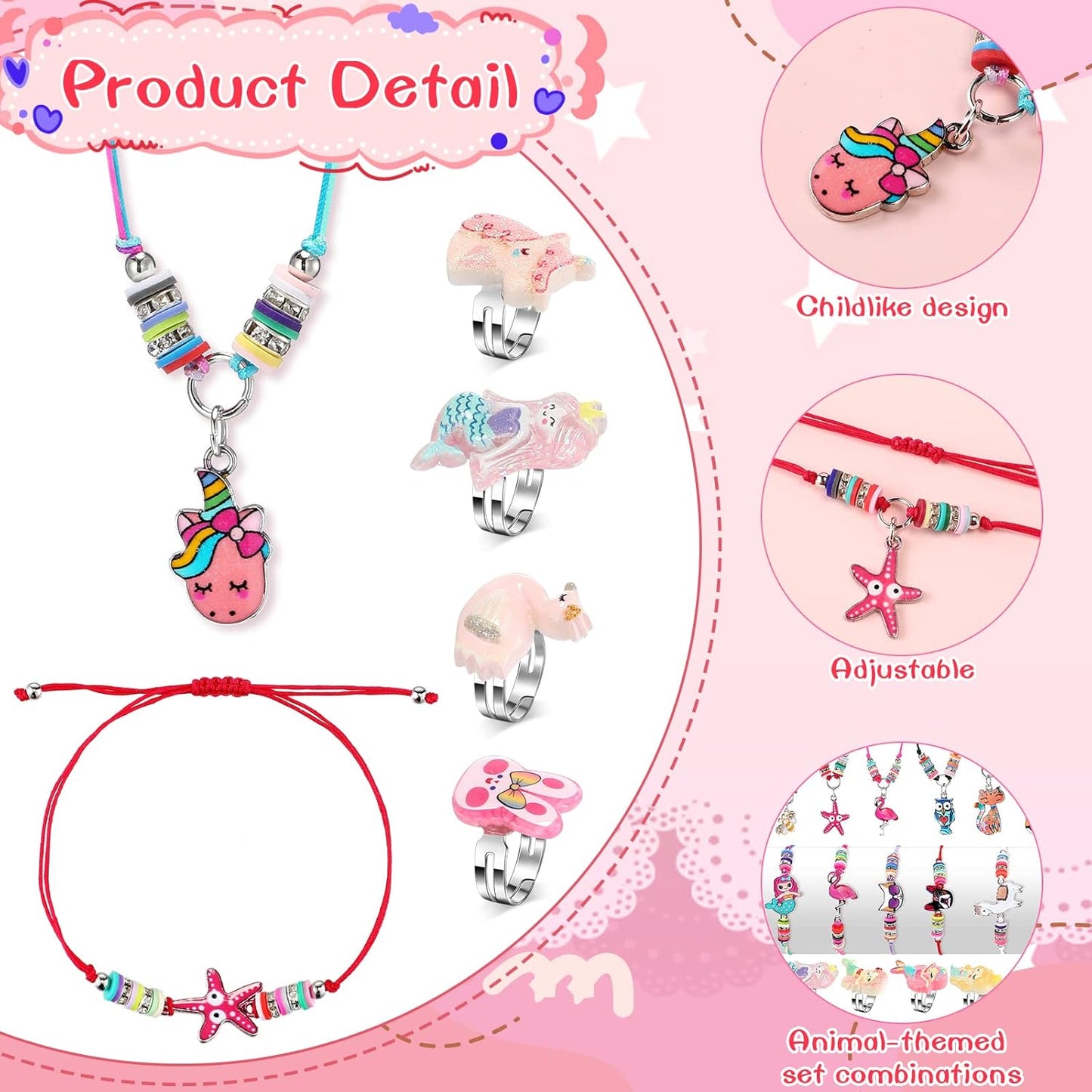 Sherr 72 Pcs Little Girls Jewelry Sets Dresses up Jewelry for Kids Toddler 4-6 6-8, Adjustable Unicorn Animal Dress up Bracelets Necklaces Rings for Birthday Gifts Party Favor