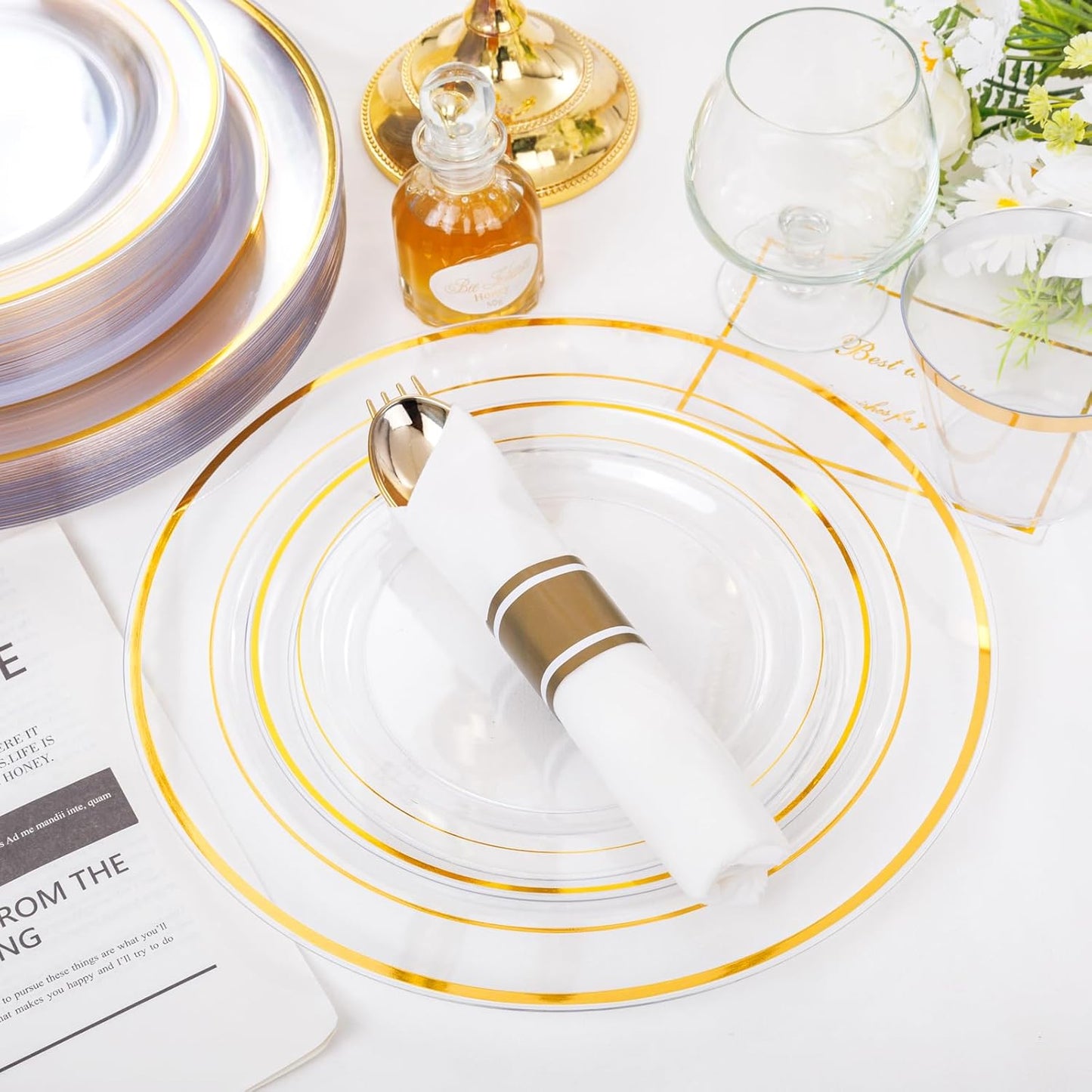 WELLIFE 350PCS Clear-Gold Plastic Plates - 100 Disposable Plates, 150Plastic Silverware, 50 Cups, 50 Napkins for Wedding & Party