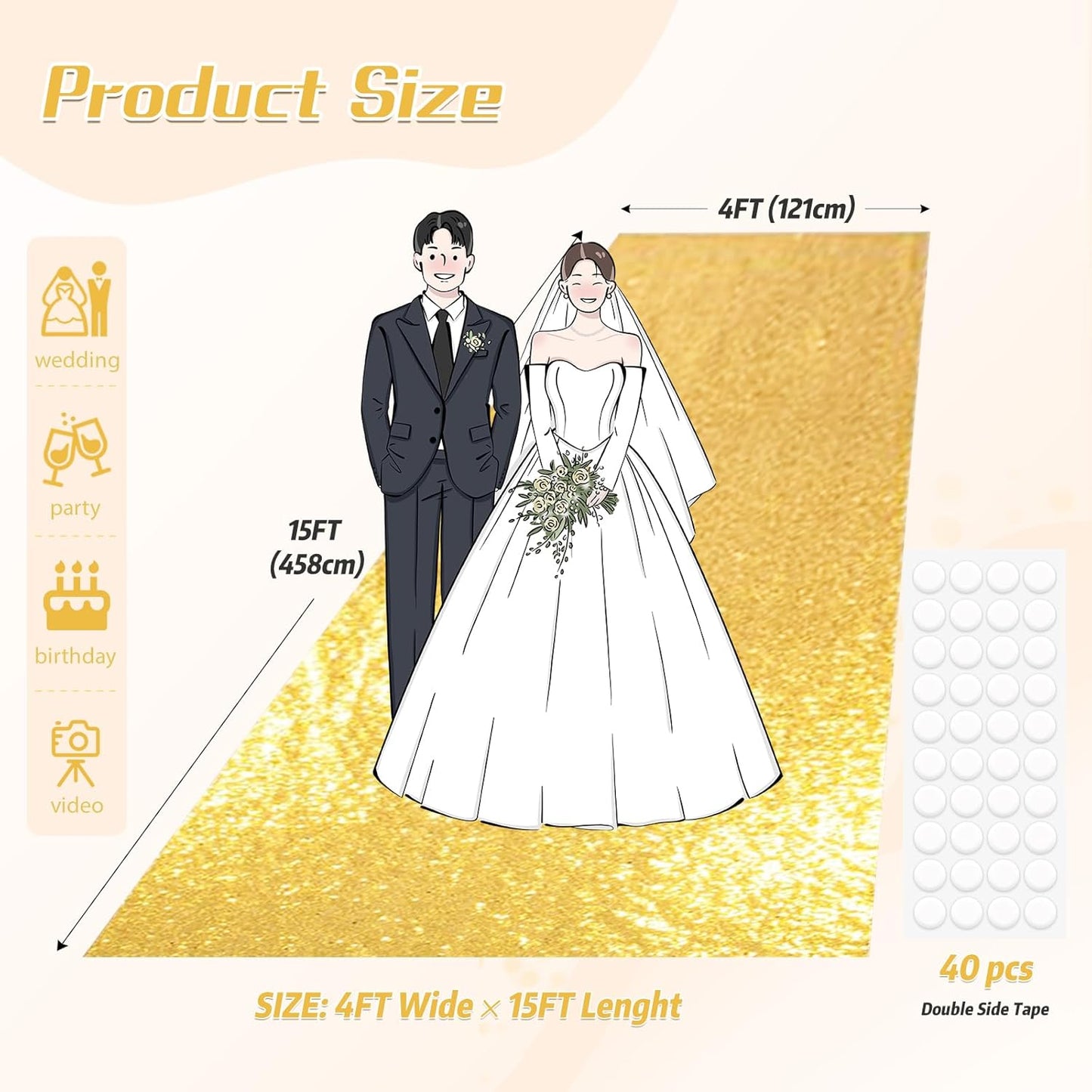 PartyDelight Wedding Aisle Runner for Ceremony Gold 4FTx15FT Sequin Carpet Sparkly Rug for Indoor Outdoor Weddings Engagement Decoration