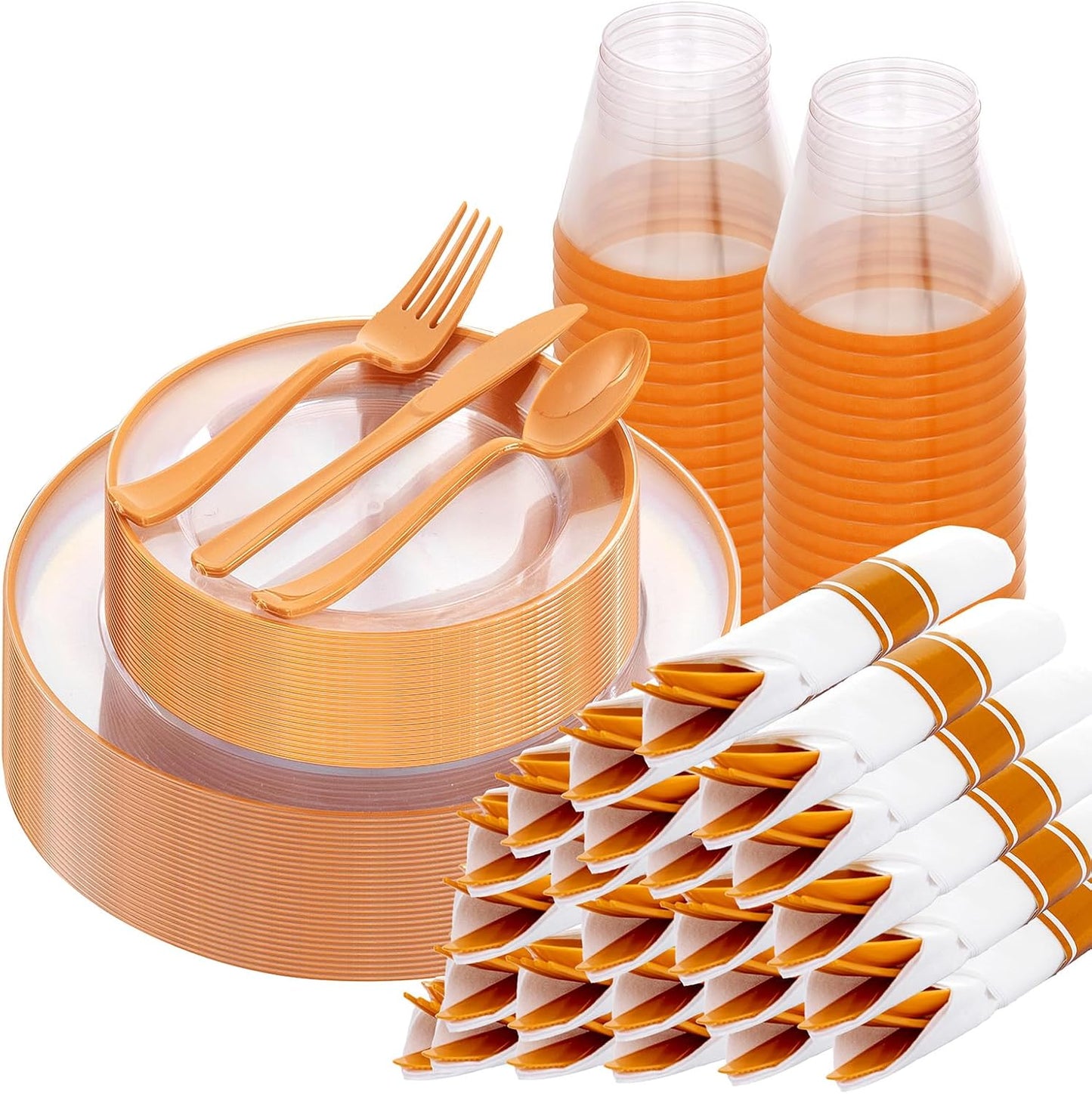 SUT 175Pcs Orange and Clear Plastic Dinnerware Set for 25 Guests, Include: 25 Dinner Plate, 25 Dessert Plates, 25 Pre Rolled Napkins With Silverware, 25 Cups, Disposable Plates for Thanksgiving, Party