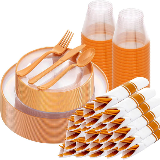 SUT 175Pcs Orange and Clear Plastic Dinnerware Set for 25 Guests, Include: 25 Dinner Plate, 25 Dessert Plates, 25 Pre Rolled Napkins With Silverware, 25 Cups, Disposable Plates for Thanksgiving, Party
