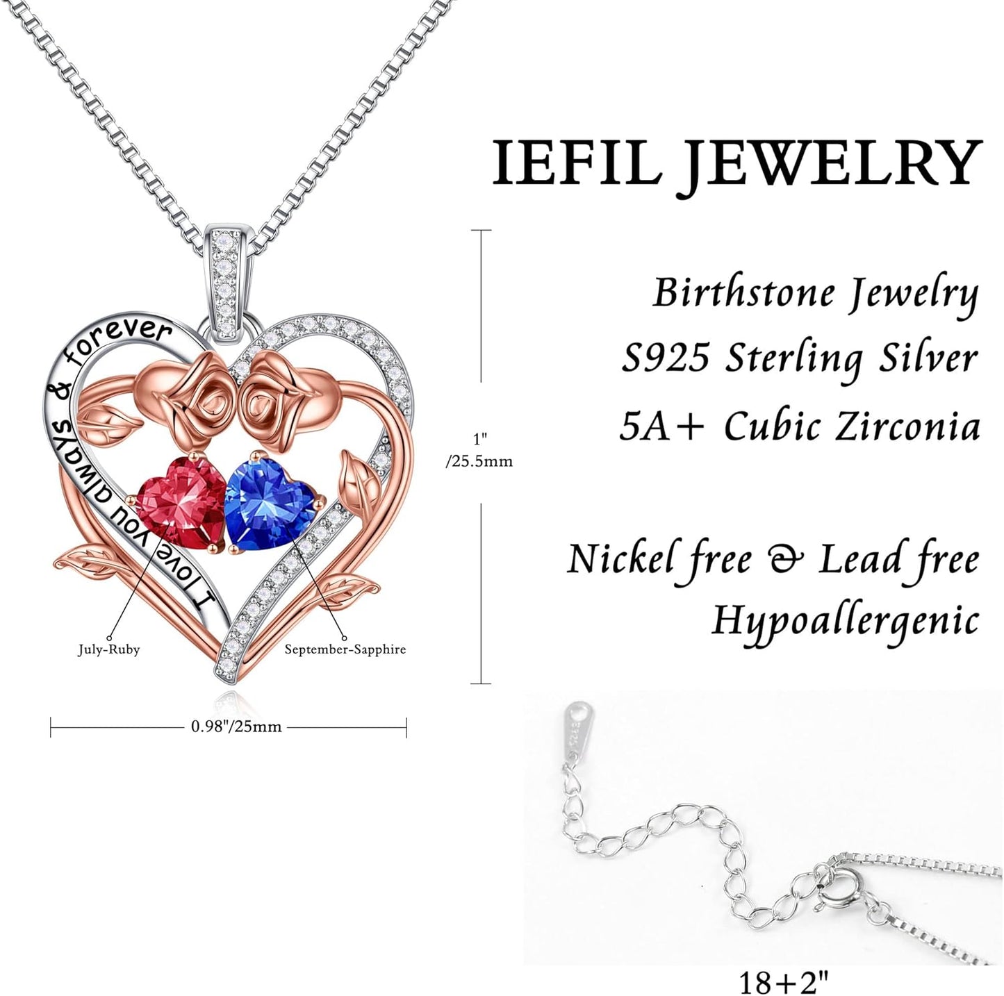 Iefil Rose Heart Double Birthstone Necklace Gifts for Wife Her Mom Women, Birthstone Jewelry Gemstone Birthday Gifts for Girlfriend Grandma Her Wife Women