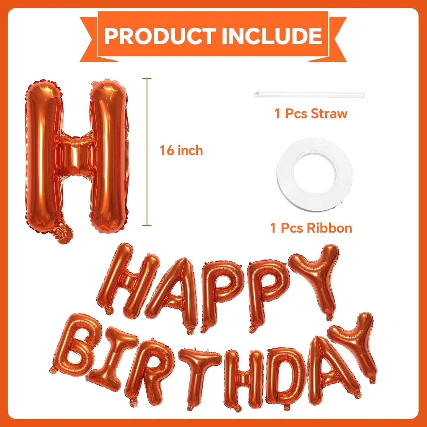 KALOR Orange Happy Birthday Balloons Banner, 16 Inch Mylar Foil Letters Balloon Sign for Women, Men, Boys & Girls Kids Birthday Decorations Photo Backdrop