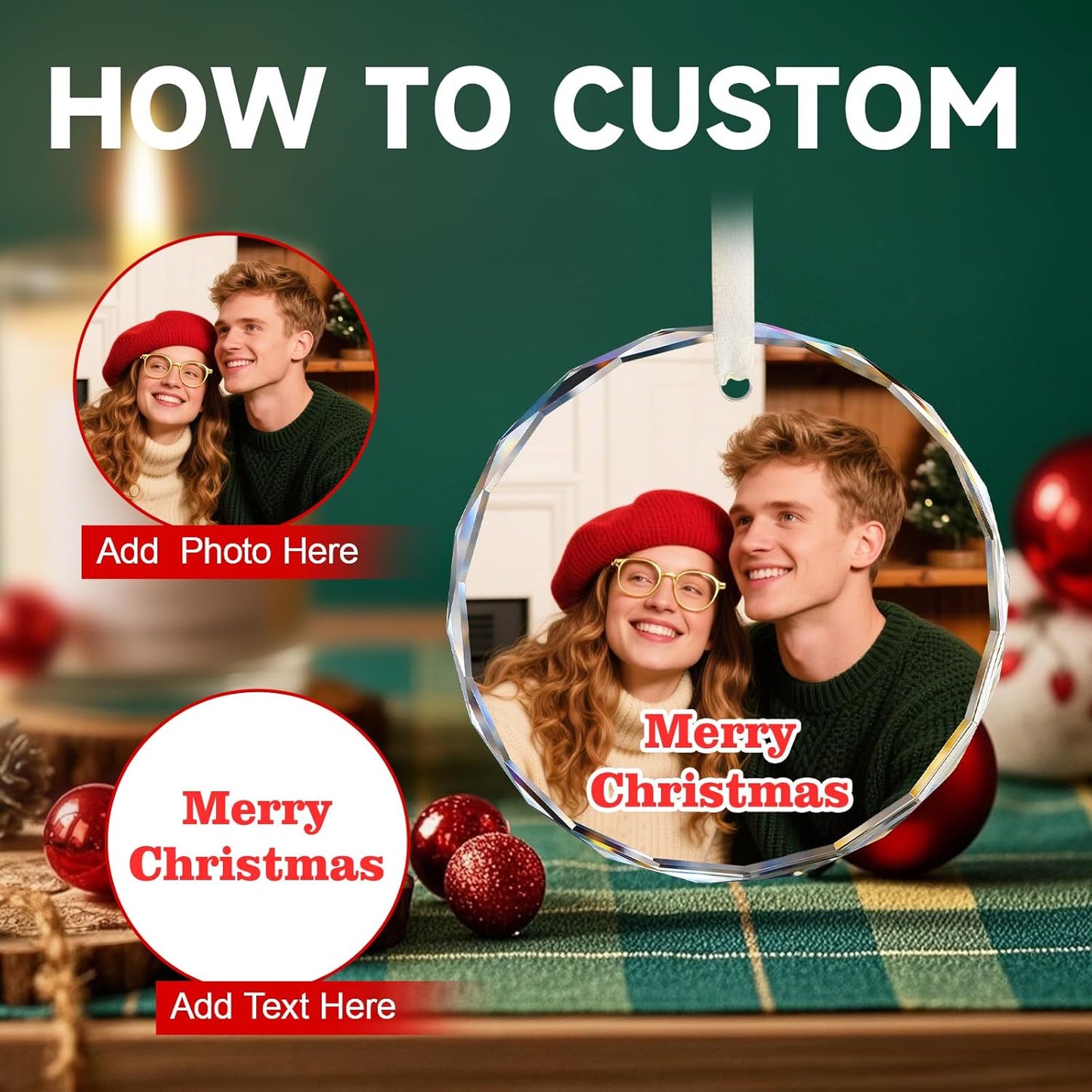 Personalized Christmas Ornaments 2025 with Photo & Text, Round Acrylic Custom Christmas Ornament Wedding Gift for Family, Couples, Baby’s First Xmas, Bridal Shower Gifts for Bride