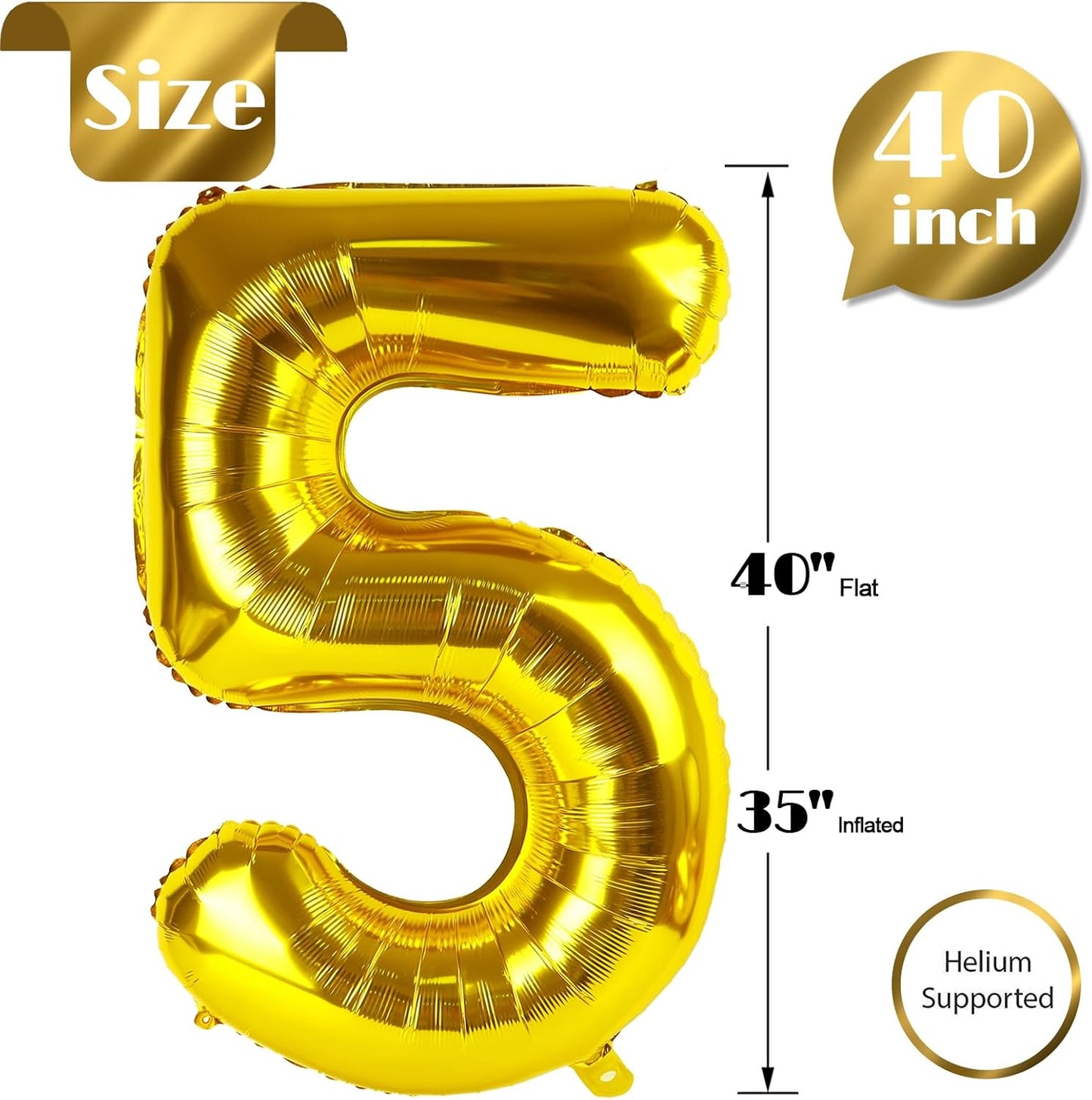 Gold Number 5 Balloon 40 Inch, 5th Birthday Party Decorations for Children, Giant 5 Foil Balloon for Party Supplies