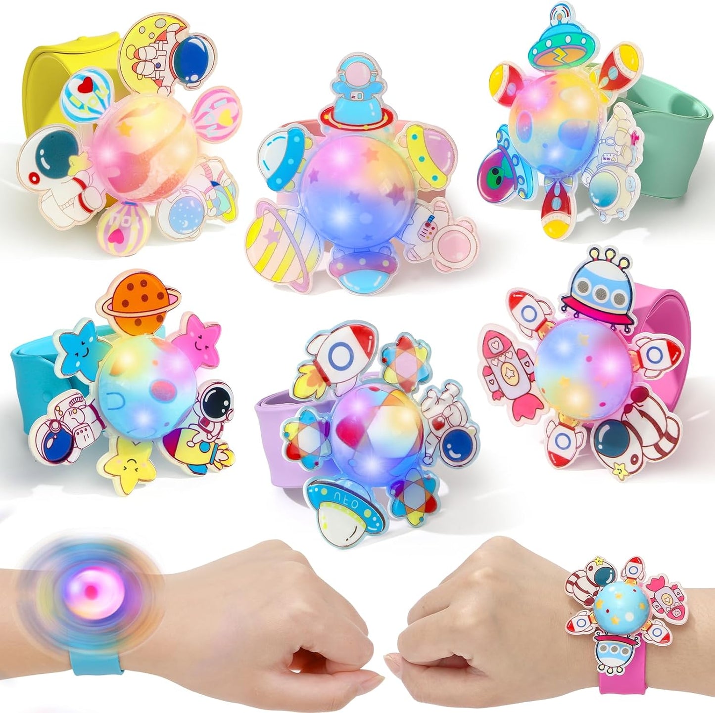12Pcs LED Light Up Rotating Slap Bracelets Space Party Favors Glow Bracelets, Glow In The Dark Party Supplies Planet Astronaut Birthday Gifts Goodie Bag Stuffers Classroom Rewards for Kids Boys Girls