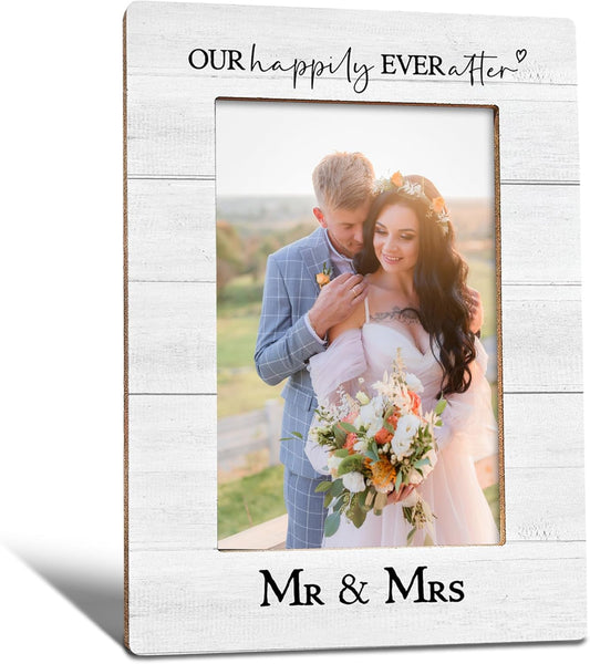 Wedding Picture Frame, Wedding Gifts for Couples, Our Happily Ever After Mr And Mrs Photo Frame 4X6, Bridal Proposal Gifts Engaged Engagement Wooden Photo Picture Frames for Desk Tabletop Decor