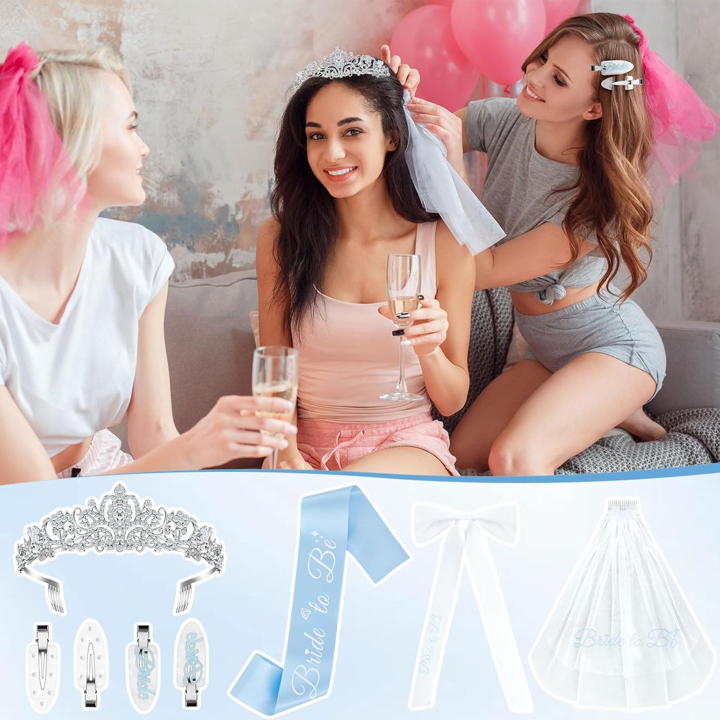 8 Pcs Blue Bachelorette Party Decorations, Bride Sash, Clips, Bridal Shower Crown, Veil, Embroidered Bow Hairpins Engagement Gifts for Bride, Wedding, Bridal Shower Favor