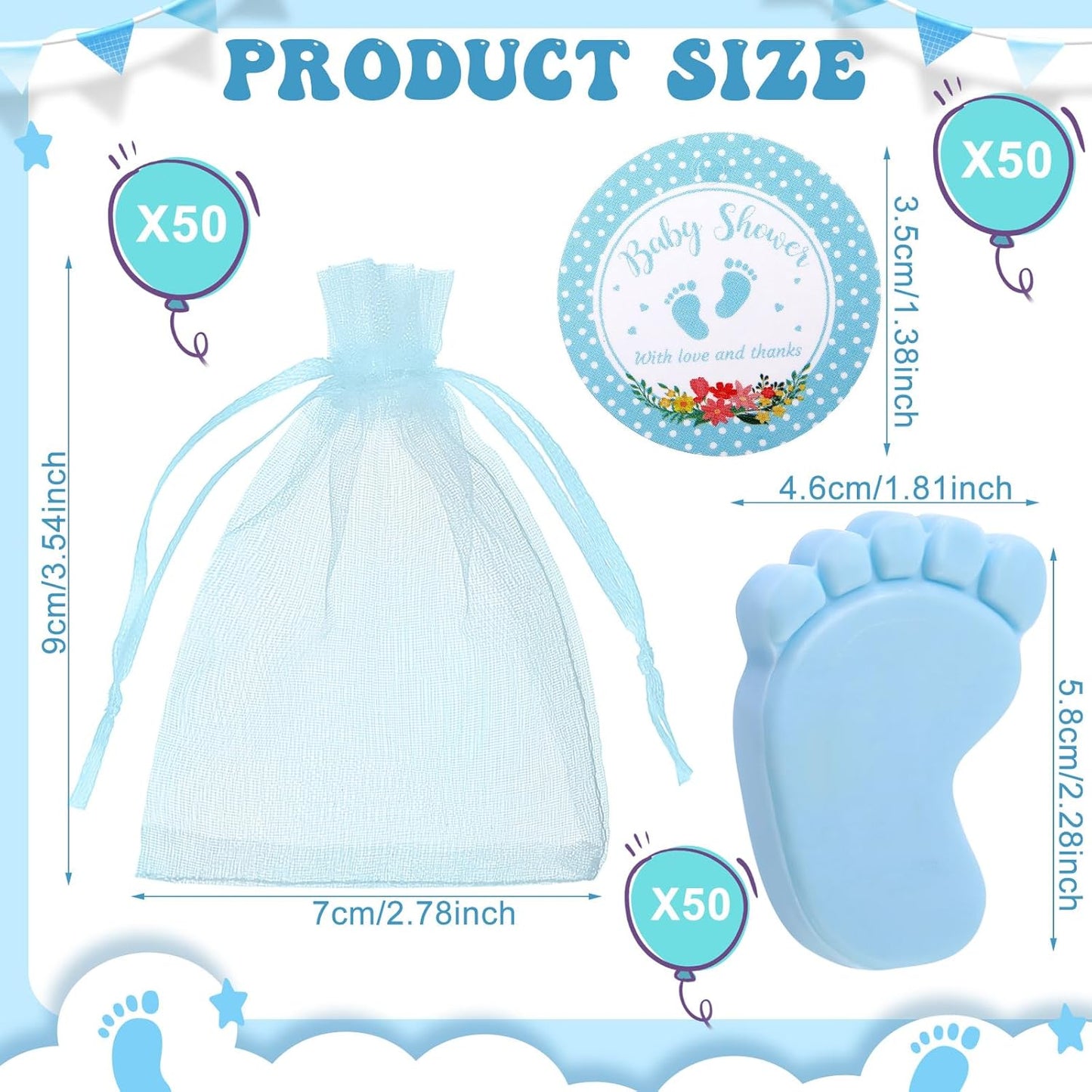 50 Sets Baby Shower Favors Handmade Baby Feet Scented Soap Party Favors for Guests Gifts with Organza Bags and Thanks Tags Wedding Party(Blue)