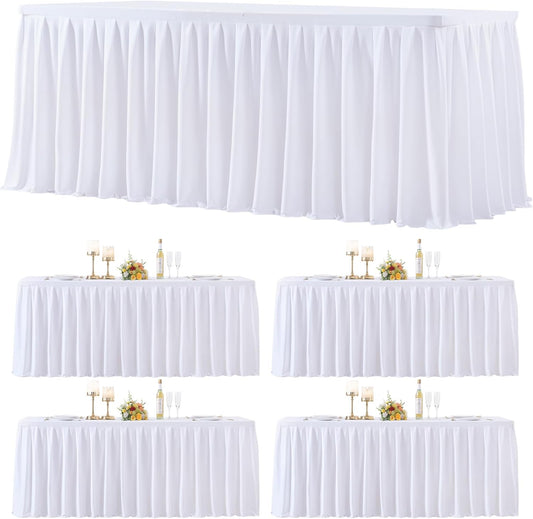 4 Pack White Rectangle Tablecloth 6 FT Stretch Spandex Fitted Table Cloth for 6 Foot Rectangle Tables Banquet Tablecloths Wrinkle Free Table Cover Stitch Ruffle Table Skirt for Party Wedding Birthday