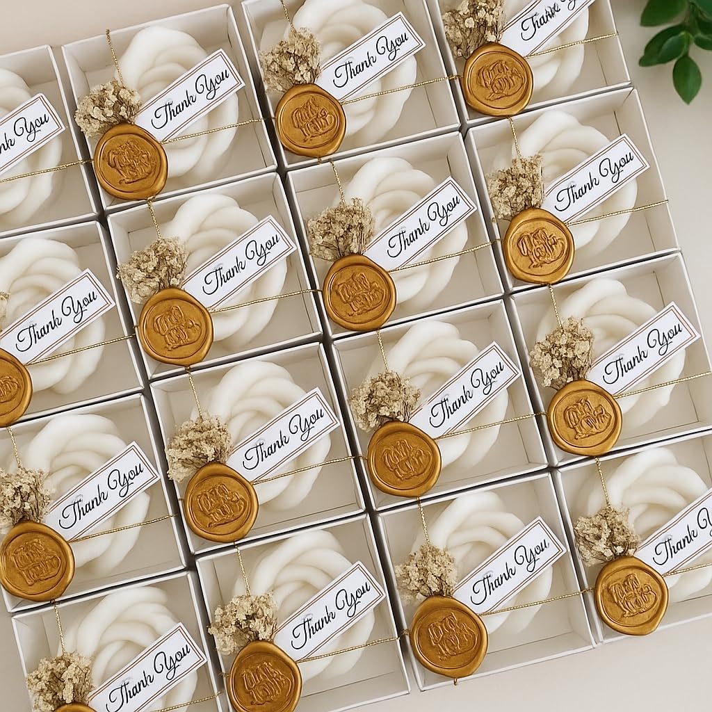White Rose Petal Soy Wax Candles in Bulk – Rose Candle Wedding Favors for Guests, Personalized Candle Favors for Bridal Shower & Baby Shower Gifts – Dried Flower & Wax Seal Design (40 Pieces)