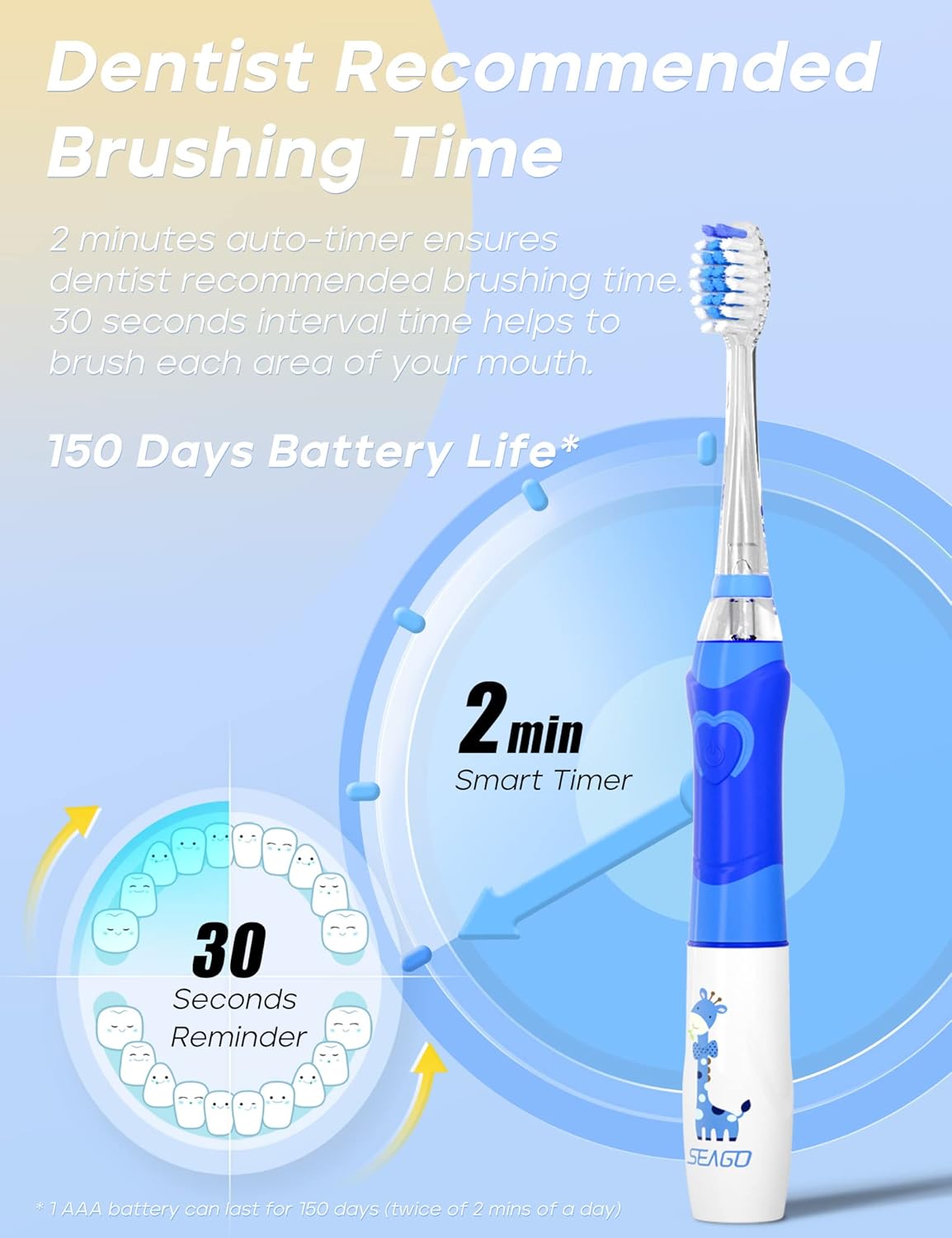 SEAGO Kids Electric Toothbrush with 2 Mins Brushing Timer and 4 Replacement Bursh Heads, Rainbow LED Light Make Brushing Fun, Blue Color Boys Battery Powerd Toothbrush for 4-12 Years Old，SG-977