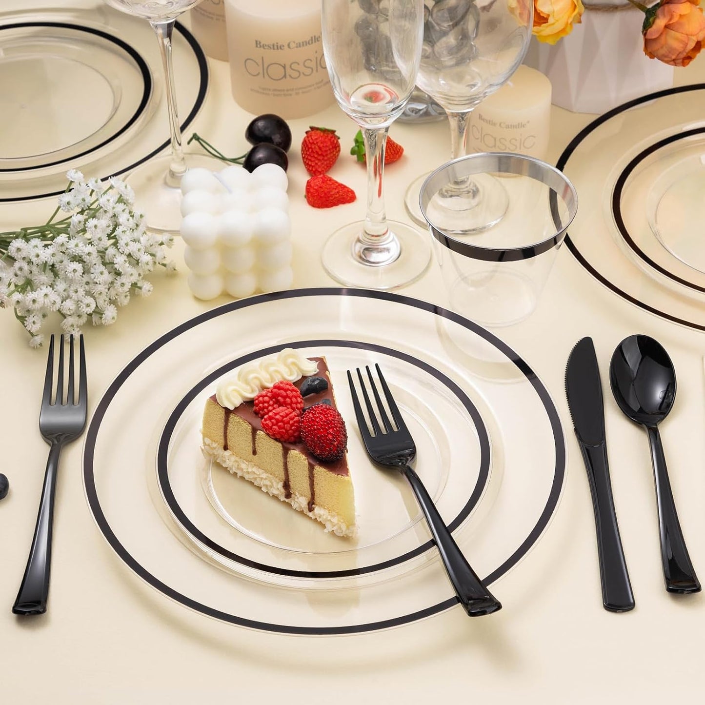 350PCS Black and Clear Plastic Dinnerware Sets for 50 Guests, Include 100 Black Disposable Plates, 100 Forks, 50 Knives, 50 Spoons, 50 Cups,Halloween