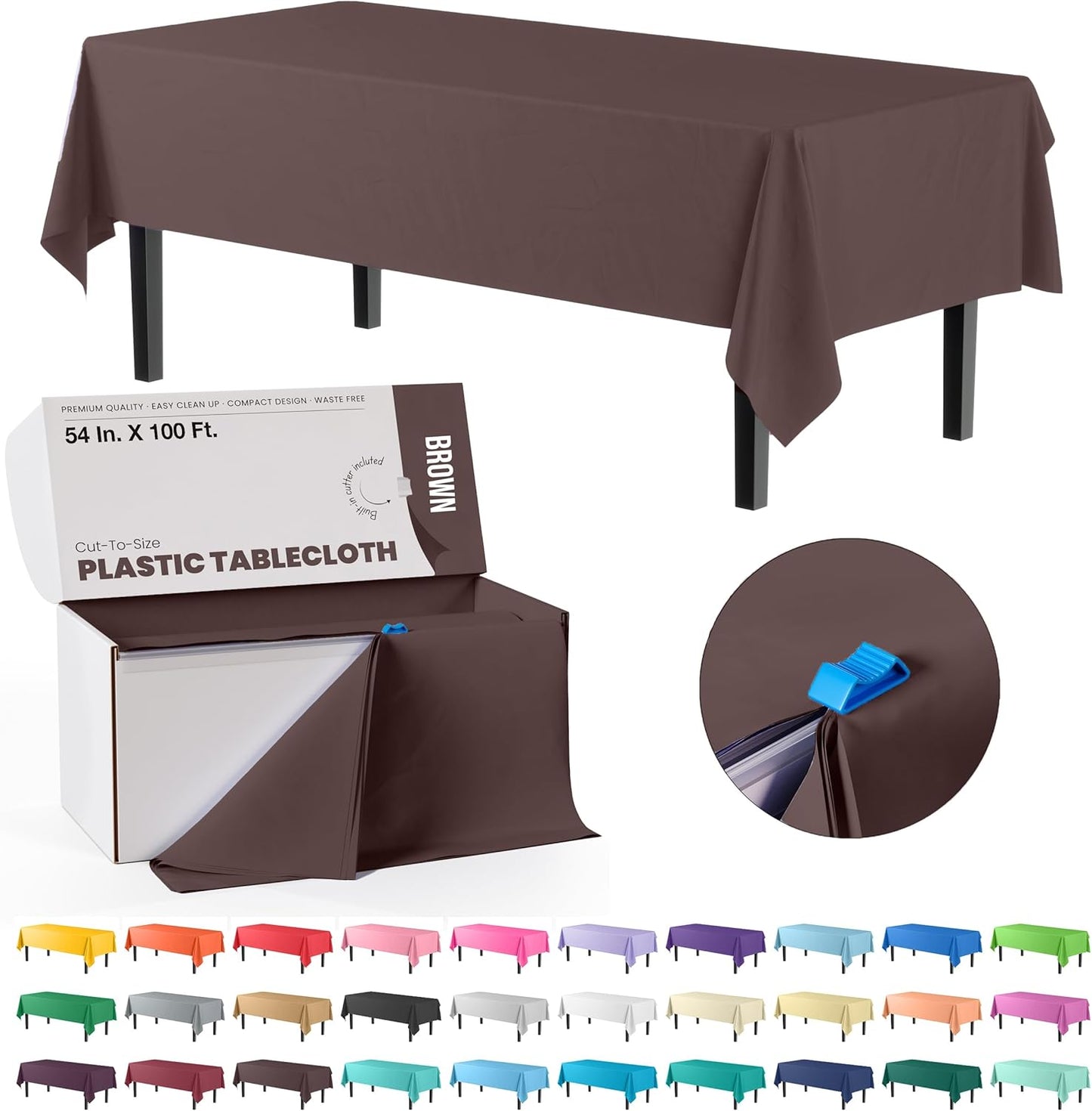 Party Solids 54 Inch X 100 Feet Brown Plastic Table Cover Roll in A Cut - to - Size Box with Convenient Slide Cutter. Cuts Up to 12 Rectangle 8 Feet Plastic Disposable Tablecloths