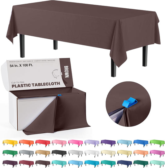 Party Solids 54 Inch X 100 Feet Brown Plastic Table Cover Roll in A Cut - to - Size Box with Convenient Slide Cutter. Cuts Up to 12 Rectangle 8 Feet Plastic Disposable Tablecloths