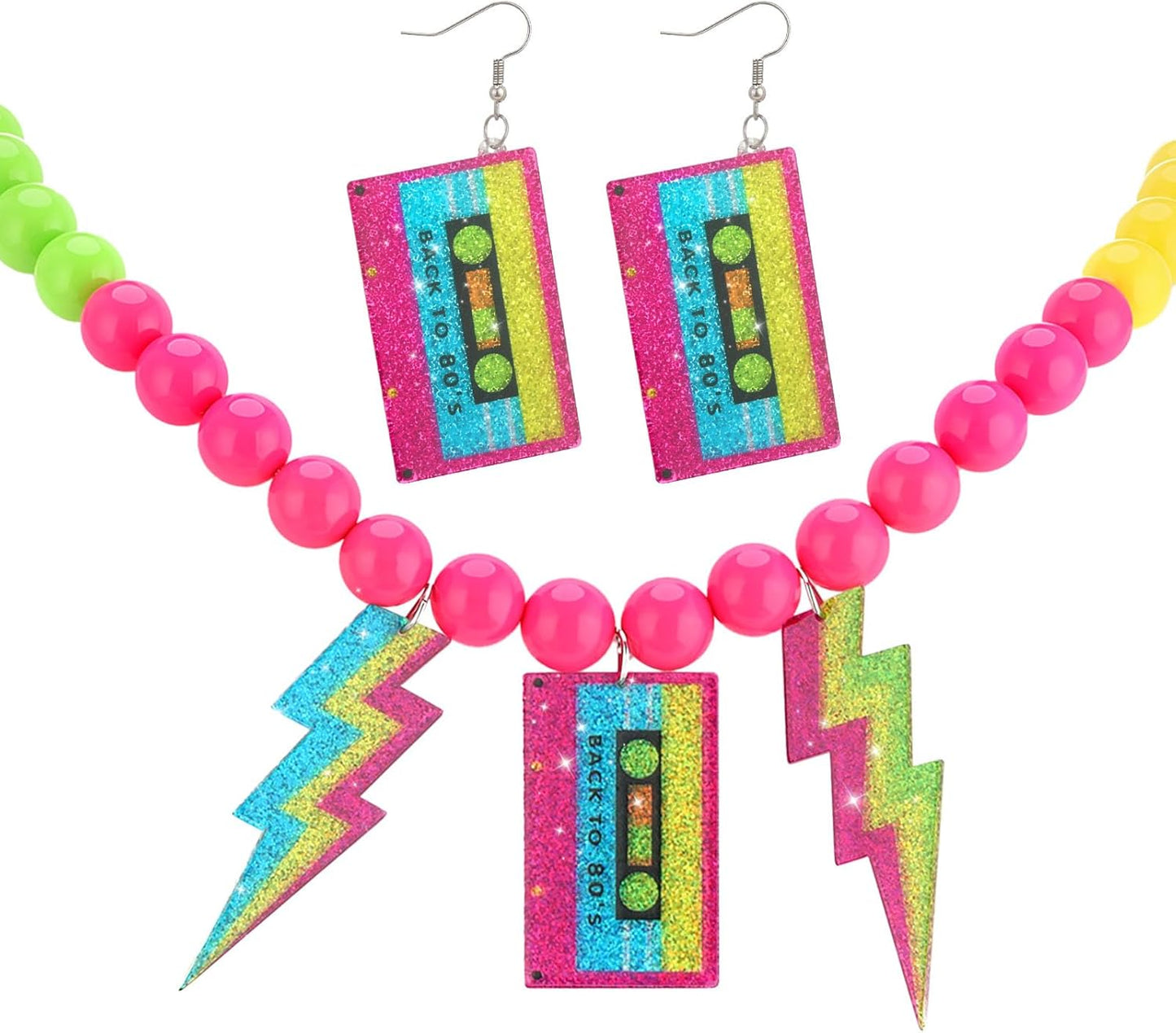 80s Outfits Costume Accessories for Women 80s Necklace Neon Beaded Necklaces for Glow Party Beads Necklaces with Lightning Earrings Tape Neon Jewelry Set for Women 80's Party Favors Decorations