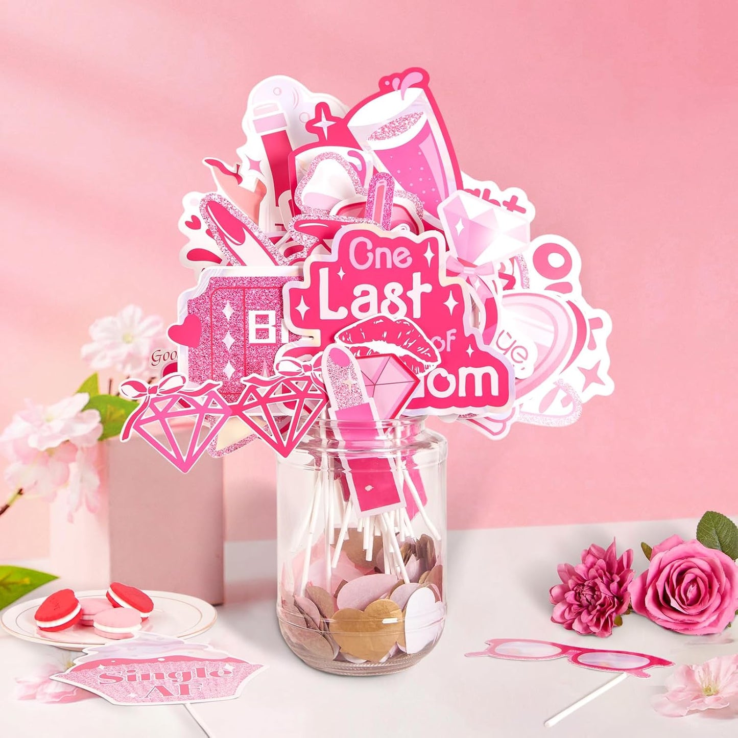 SUNBEAUTY 36 Pcs Bachelorette Photo Booth Props Pink Girls Birthday Decorations Photo Props for Wedding Bridal Shower Bachelorette Party Supplies