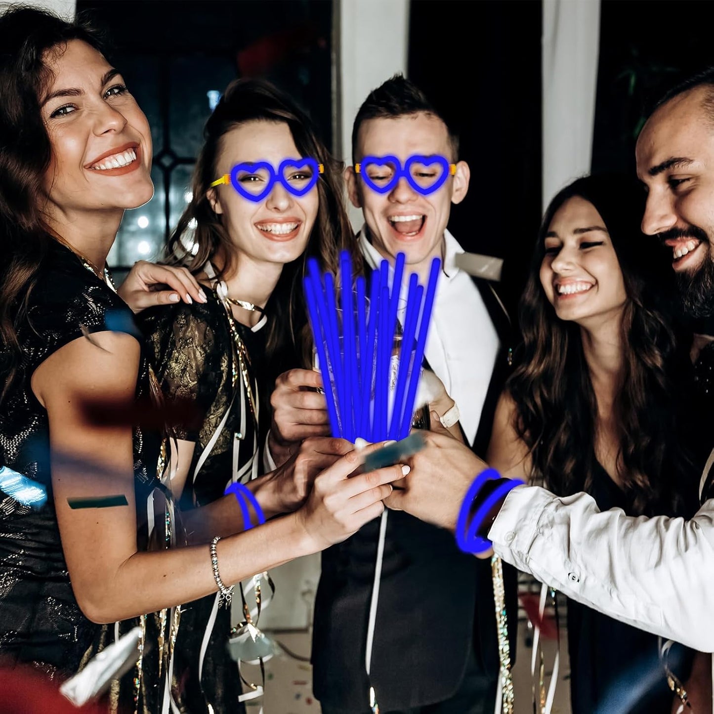 60 Pack 8” Blue Glow Sticks Bulk Bright Glow Sticks with 60 Connectors 20 Heart Glasses Glow In The Dark Party Supplies Neon Party Decorations Glow Bracelet Glasses for Holiday Carnival (Blue)