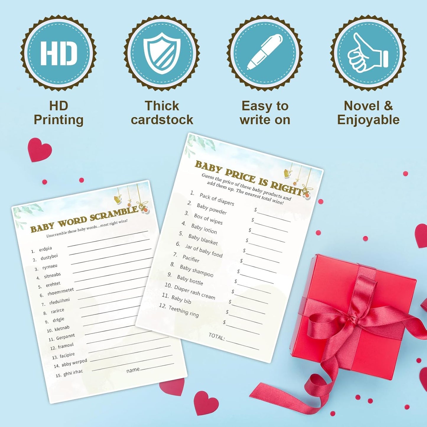 Baby Shower Games for Boy or Girl-2 Games(50 of Each),Baby Shower Word Scramble Game&Price is Right,Double-Sided,Fun,Hilarious,and Easy to Play,Gender Neutral,With Answer Keys