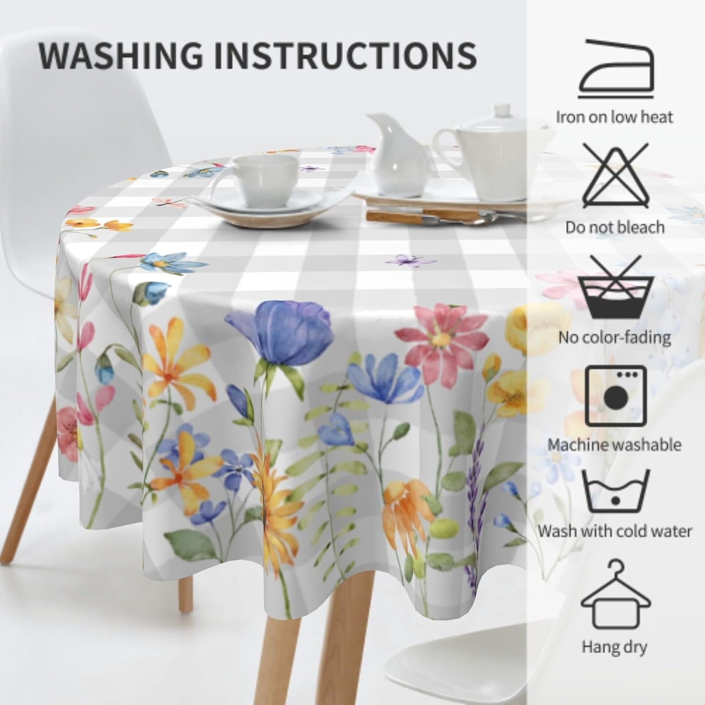 Giwawa Spring Floral Tablecloth Round 60 Inch Watercolor Summer Flower Table Cover with Grey Buffalo Plaids Wildflower Butterfly Table Cloth Polyester Heat Resistance for Kitchen Dining Camping Decor