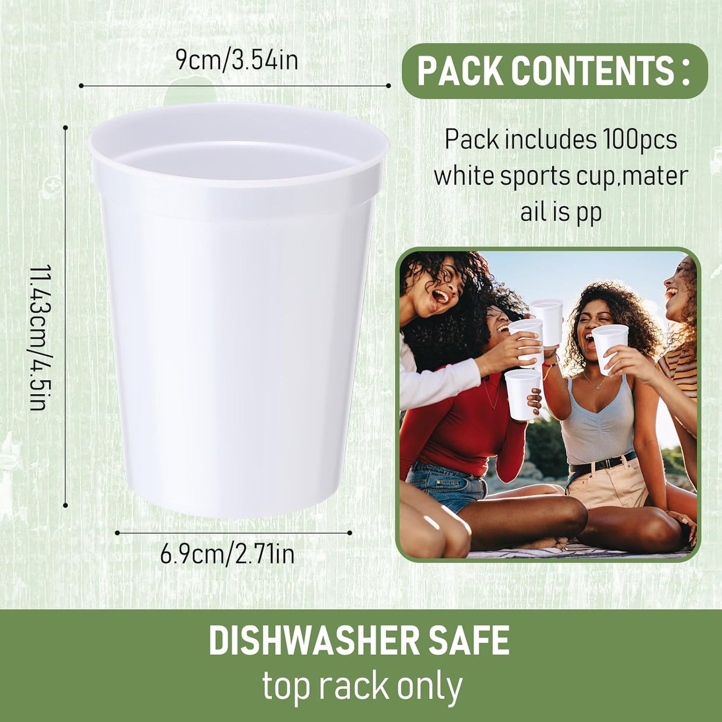 Yungyan 100 Pack 16oz Stadium Cups Reusable Plastic Cups Blank Drink Tumblers for Parties, Events, DIY Projects, 4.5 x 3.54 x 2.72 Inch (White)