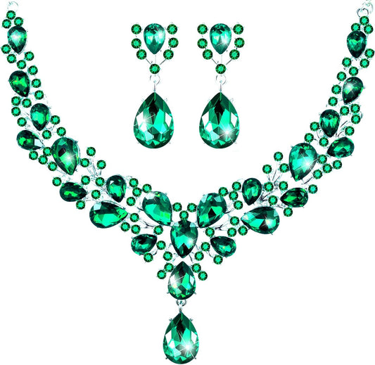 Hicarer Bridal Teardrop Cluster Crystal Jewelry Set for Women Necklace Earrings Wedding