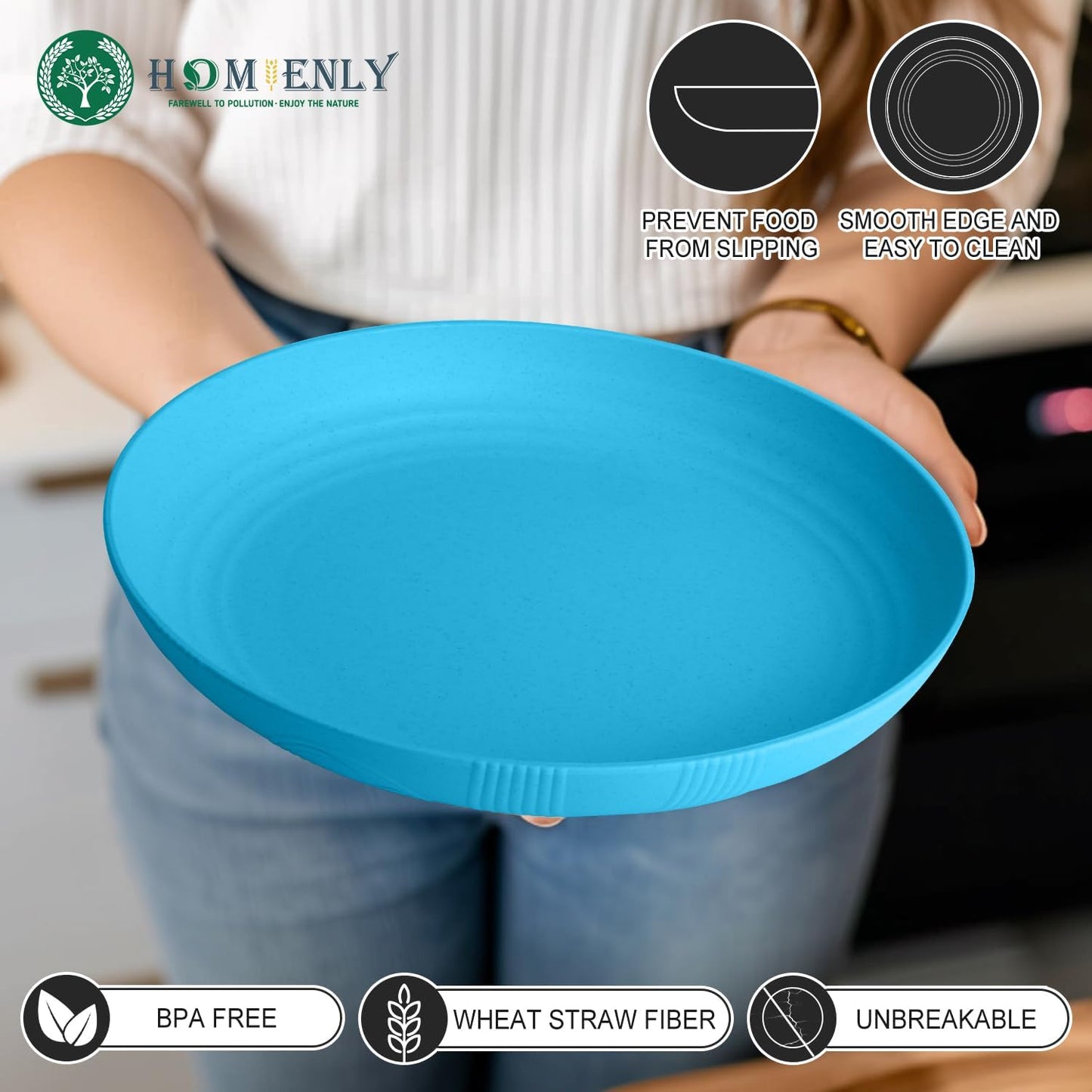 Homienly Wheat Straw Plates, 10 inch Deep Dinner Plates, Service for 8, Unbreakable Plates for Outdoor, Lightweight Microwave and Dishwasher Safe Camping Plate Set for Dinner, Salad, Fruit - Sky Blue