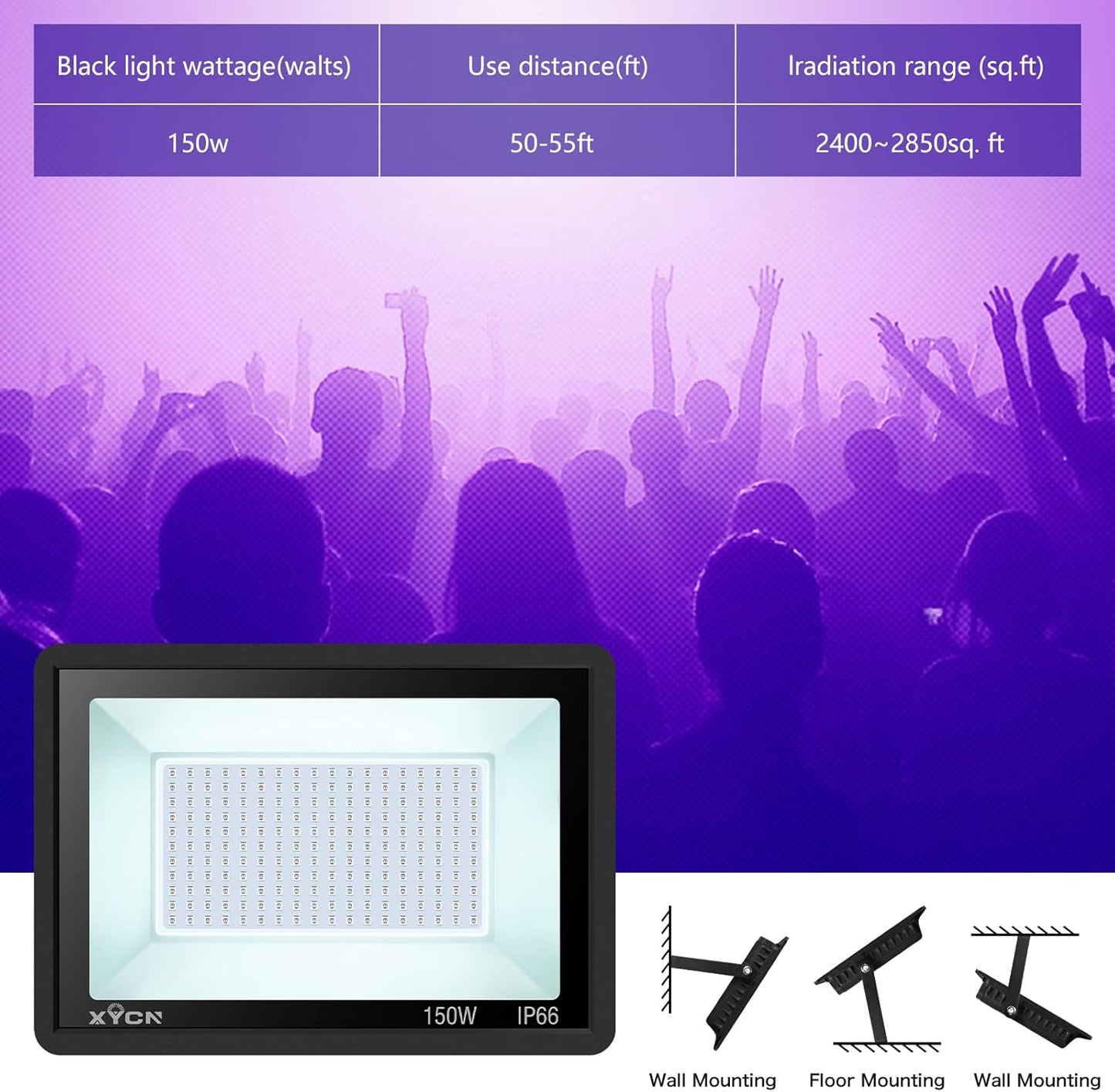 2 Pack 150W Black Light Flood Light, Blacklight with Plug, IP66 Waterproof for Glow Party, Halloween, Neon Glow, Aquarium,Fluorescent Poster,Body Paint,Glow in The Dark