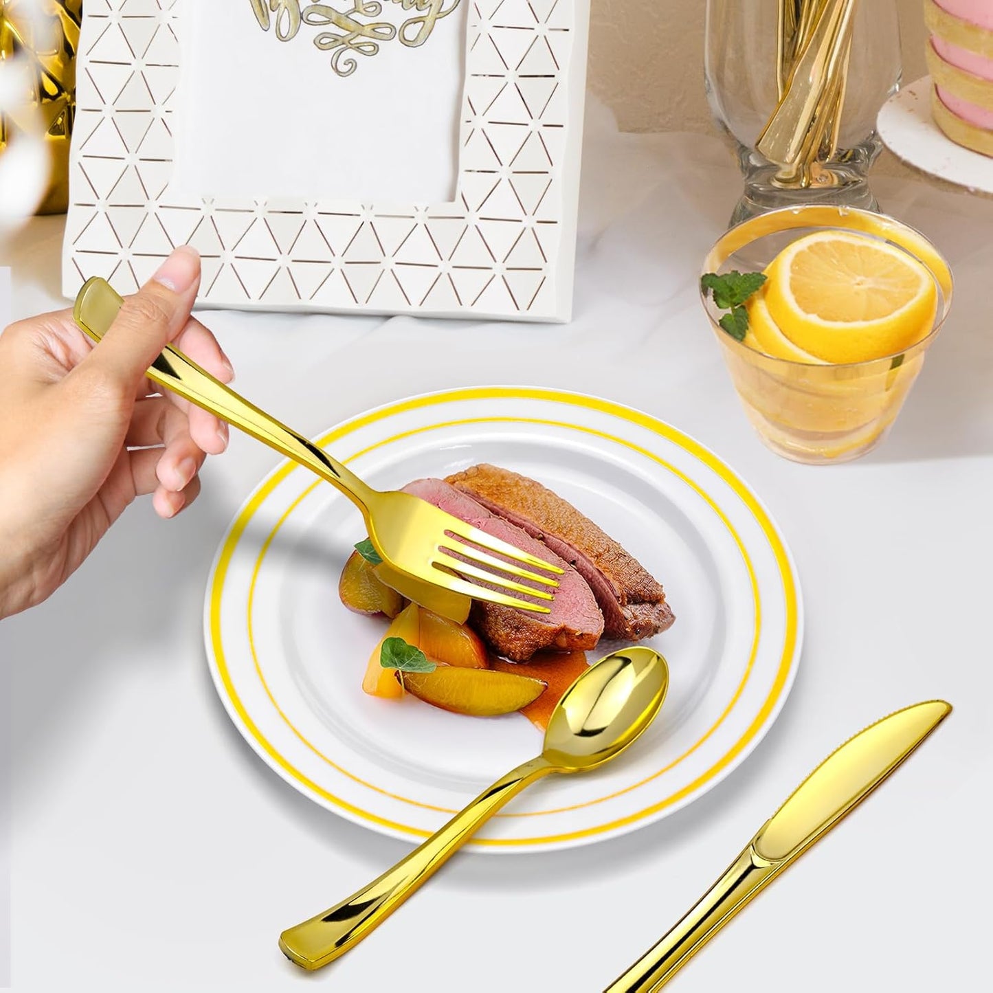 155PCS Gold Plastic Plates Set for 25 Guests, Disposable Dinnerware Set of 25 Dinner, 30 Cups and 25 Champagne Flutes Cups, 25 Spoons, 25 Forks, 25 Knives for Birthday, Wedding & Party Supplies