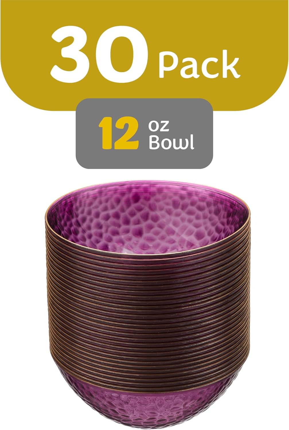 PLASTICPRO 30 Pack 12 Ounce Hammered Plastic Bowls Translucent Clear with Gold Rim Heavyweight Disposable Plastic Soup Bowls Elegant Translucent Hammered Gold Rim Platsic Party Dishes