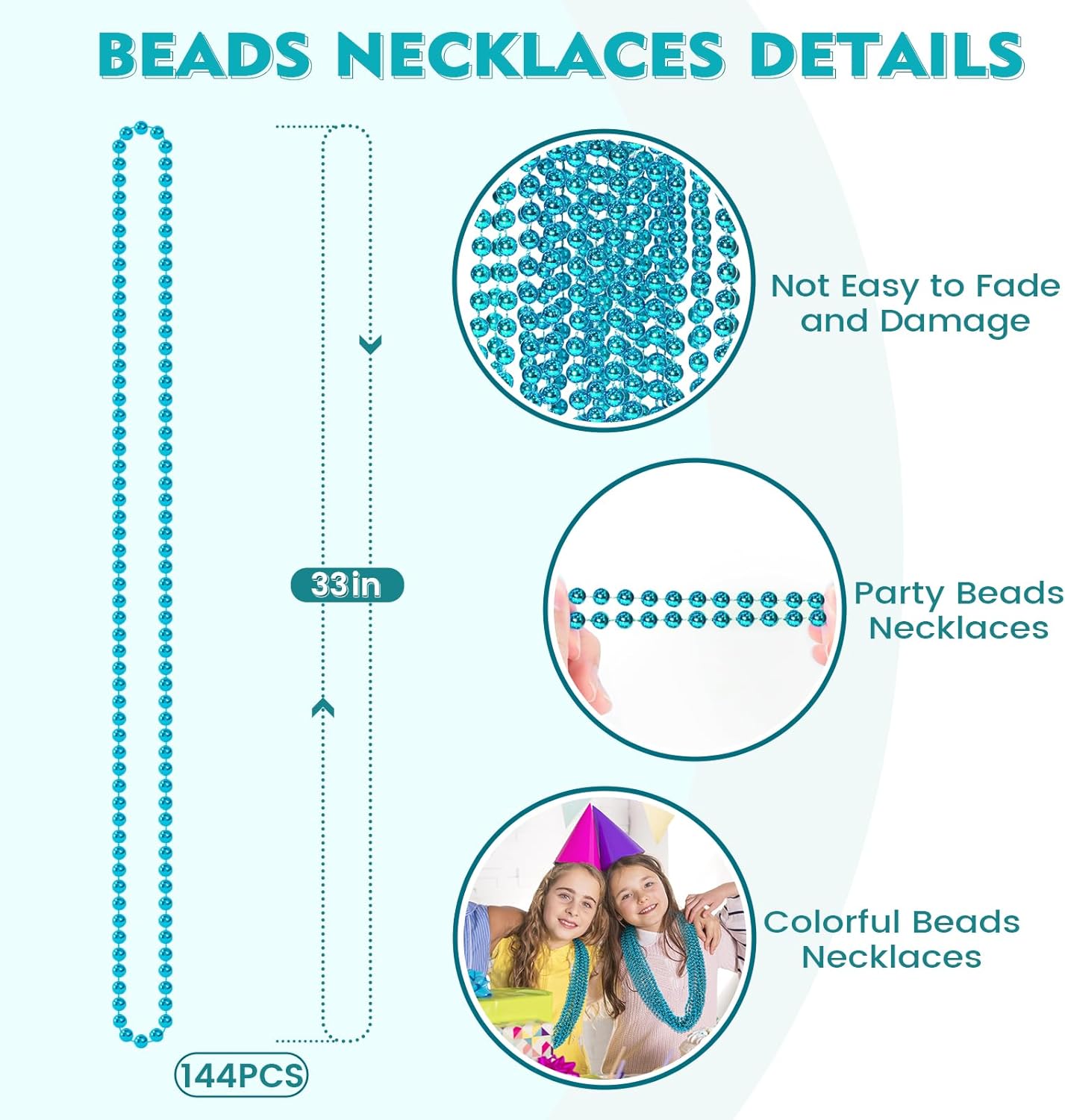 SHAOQINLIN 144 PCS Teal Bead Necklaces, Teal Mardi Gras Beads Necklaces Turquoise Party Beads Necklace Bulk Oval Beaded Necklaces for Mardi Gras, Christmas, School Spirit Day Party Favors