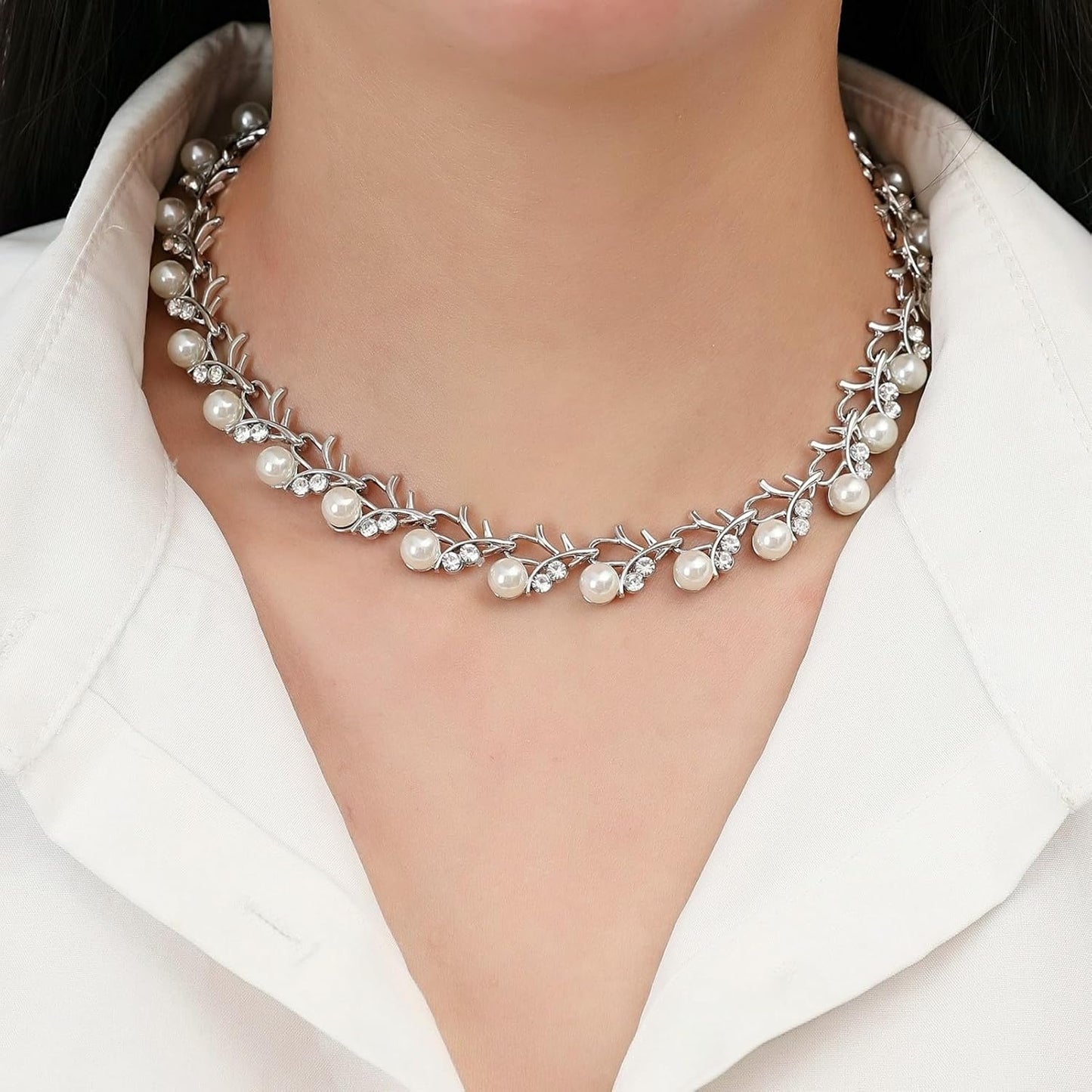 la luen Pearl Bride Wedding Jewelry Set Faux Pearls Crystal Rhinestone Necklace Earrings Bracelet Sets for Women Bridesmaid(3 PCS)