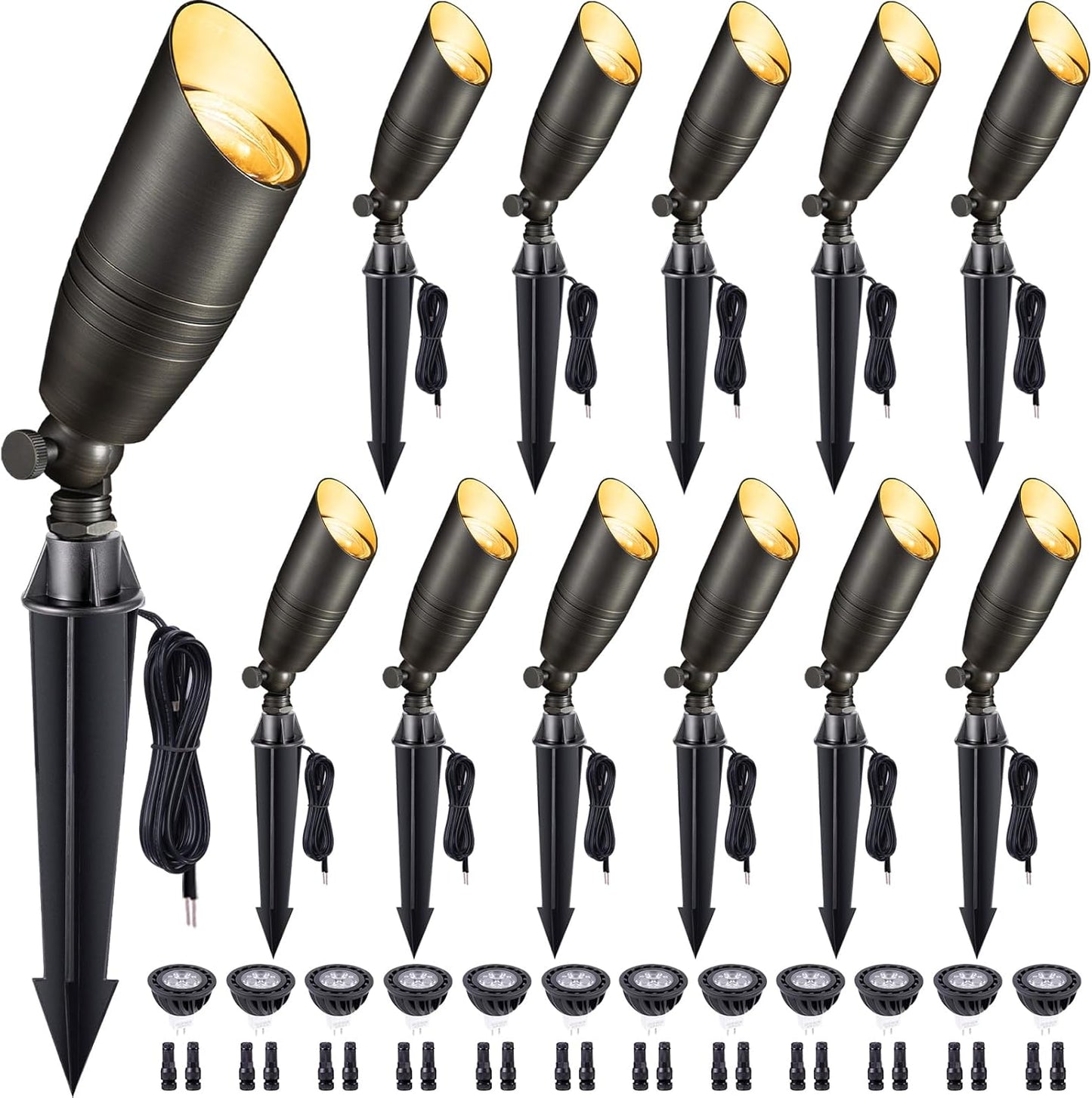 Gardenreet Die-Cast Brass Spot Light Outdoor - 12V LED Uplighting Waterproof, Low Voltage Landscape Lights Direct Wire, Bronze for Fence Fountain with Daytime White MR16 Replaceable Bulbs (12 Pack)