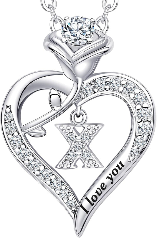 Rose Heart Pendant Necklace Gifts for Wife, Engraved 'I love you' Gift for Wife Girlfriend, Anniversary Birthday Eternity Jewelry Present for Women, Moissanite Necklace Gift for Her