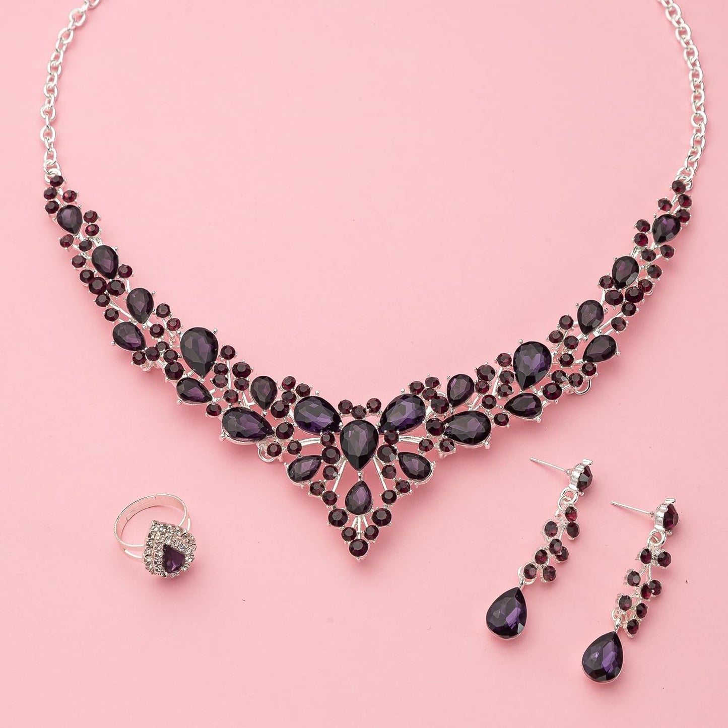 Crystal Bridal Wedding Jewelry Sets for Women Rhinestone Teardrop Crystal Statement Choker Necklace Drop Earrings Link Bracelets Rings Teardrop Jewelry Set for Brides Bridesmaids