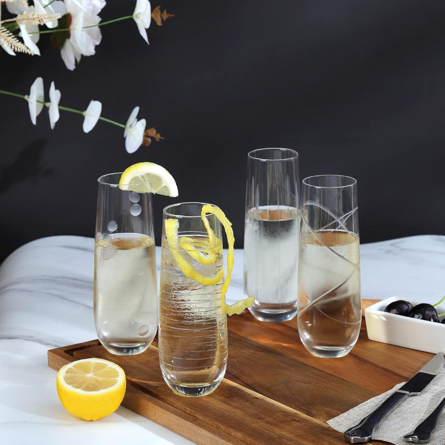 Joeyan Etched Champagne Flutes Glasses Cups,Handmade Mouth Blown Aesthetics Glassware Art Decoration,Home Bar Essentials,Gifts for Wedding Anniversary Daily Use,Set of 4,9.8 oz,Dishwasher Safe