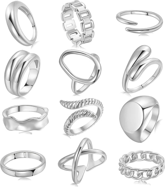 FAXHION 12PCS Gold Stackable Rings Set for Women, 18K Gold Plated Open Stacking Knuckle Ring, Adjustable Chunky Signet Band Statement Ring for Gift