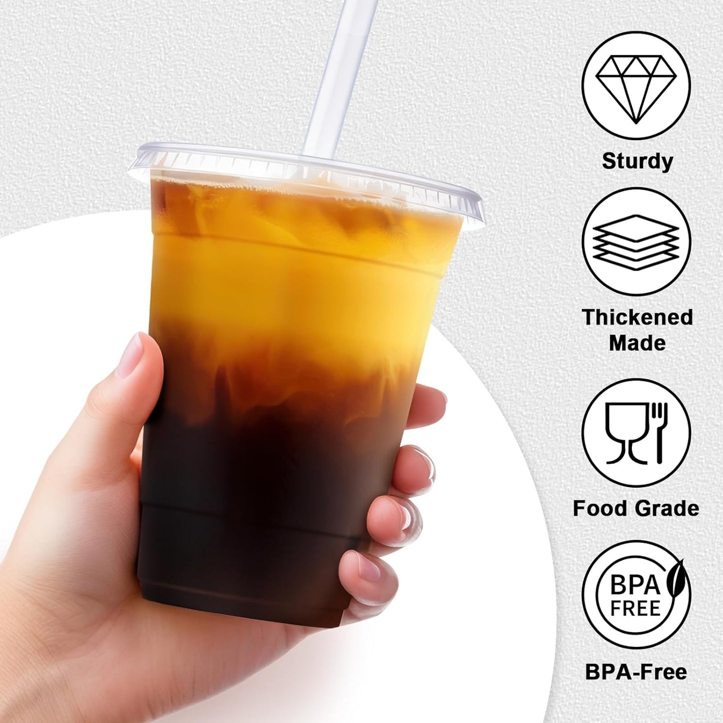 16 oz 100 Pack Plastic Cups with Lids and Straws, Sturdy Food Safe Iced Clear Coffee Cups Disposable Smoothie Cups for Cold Drinks