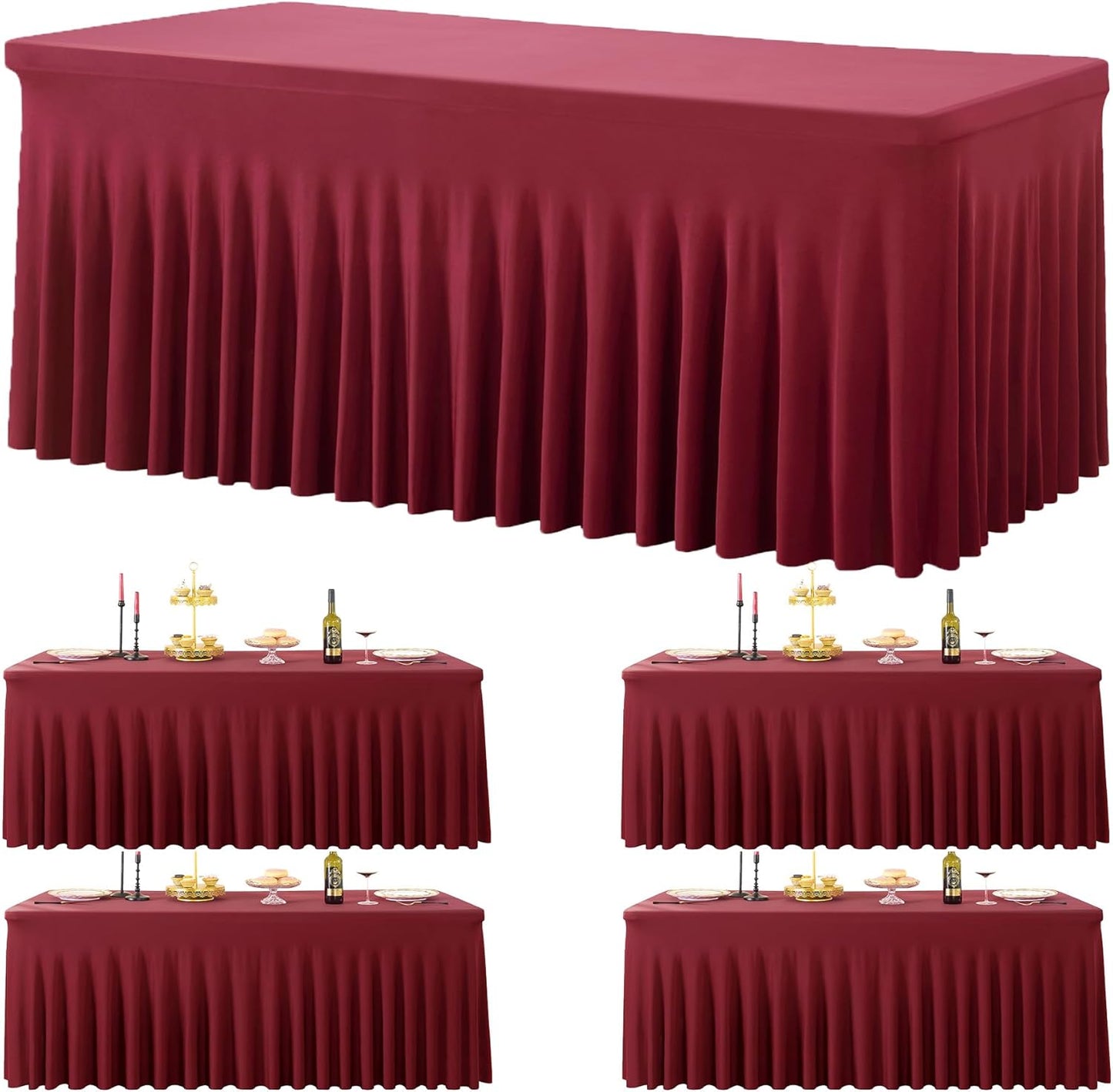 4 Pack Burgundy Spandex Tablecloths for 6 Foot Rectangle Tables, Wrinkle Free Fitted Tablecover 6ft Maroon Stretchy Table Clothes with Skirt for Weddings Birthday Party Banquet Baby Shower