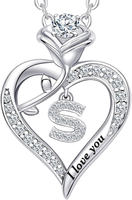 Rose Heart Pendant Necklace Gifts for Wife, Engraved 'I love you' Gift for Wife Girlfriend, Anniversary Birthday Eternity Jewelry Present for Women, Moissanite Necklace Gift for Her