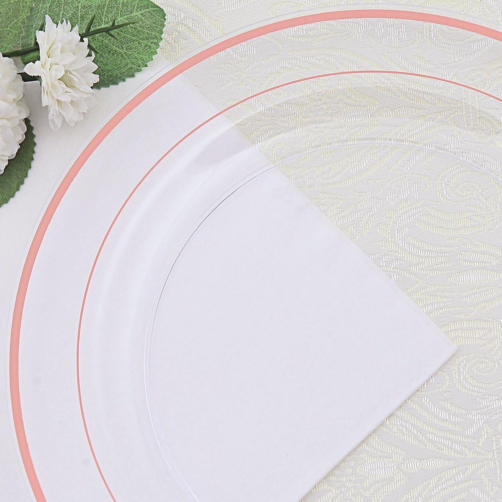I00000 60 Pcs Rose Gold Plastic Plates, Disposable Party Set Include: 60 Clear Plastic Plates with Rose Gold Trim for dinner and dessert Perfect for Holidays, Wedding & Party Supplies